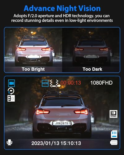 Dash Cam Front and Rear, 1080P Dash Camera for Cars, 3 Channel Car Camera Front Rear and Inside with 32GB Card, Loop Recording, Night Vision, HDR, 24Hr Parking, G-Sensor