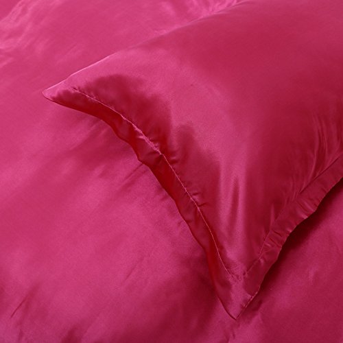uxcell 4pcs Wine Red Satin Silk Like Solid Color Bedding Set Duvet