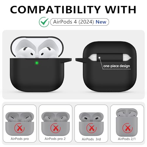 Ljusmicker for AirPods 4 Case 2024 with Cleaner Kit,Soft Silicone Protective Cover for Apple AirPods 4th Generation Cases for Women Men,Compatible with AirPod 4 Case Accessories with Keychain-Black