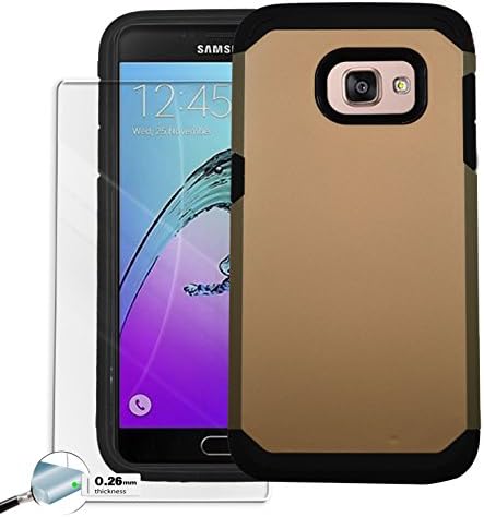 Samsung Galaxy A3 2016 [Tempered Glass Screen Protector] Hard Shell [Perfect Fit] Impact Defender Armor Slim Case Cover - Gold
