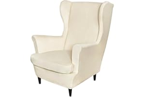 PENDEJATO Wing Chair Slipcovers, 2 Piece Stretch Wingback Chair Cover Soft Velvet Armchair Slipcovers for Living Room Bedroom, Light Beige