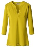 Doublju Womens 3/4 Sleeve Open Slit Neckline Straight Fitted Style T-shirts