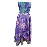 Womens Sundress Strapless Smocked Bodice Purple Vintage Silk Sari Boho Maxi Skirts