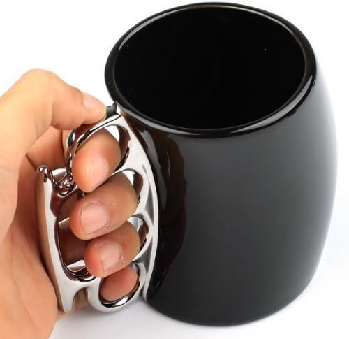 eSmart Fist Cup Brass Knuckle Duster Handle Coffee Mug, White/Black and Gold/Silver Color Variations, Coffee Milk Ceramic Fist Mug Cup Cool Gift (Black Cup with Silver Handle)