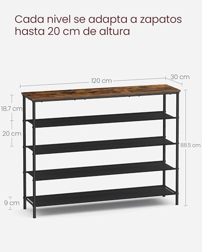 VASAGLE Zapatero, Organizador de Almacenamiento de Zapatos de 5 Niveles para Entrada y clóset, Capacidad para 20-24 Pares de Zapatos, 4 estantes de Tela, Marco de Acero, Industrial, café rústico y