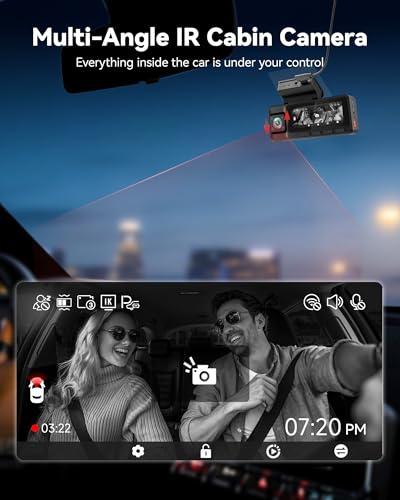 REDTIGER A3 Camara para Carro 3 Canales WiFi, 2.5K+1080P+1080P Delantera/Trasera/Interior, Pantalla 3.18'', Visión Nocturna IR, Grabación en Bucle, Estacionamiento 24H, Soporta 256GB