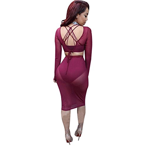 Yaheeda Women's Long Sleeve Round Neck Lace Hollow Black Evening Dress Star Carpet Catwalk Dress Nightclubs Bodycon Pencil Party Dress