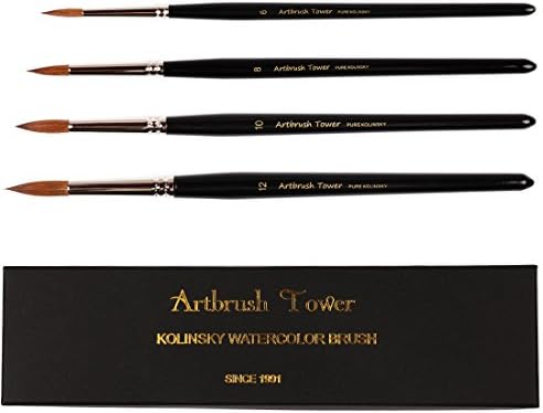 Kolinsky Watercolor Painting Brush,Round Red Sable with Black Gift Box,Perfect for Acrylic,Gouache Paint,Multiple Sizes, 4 Brushes