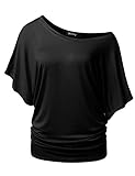 Mirity Womens Short Sleeve Boat Neck Cute Solid Shirring Dolman Drape Tops Color Black Size M