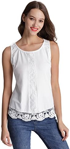 Dresms Women’s Basic O Neck Lace Hem Solid Cotton Cami Tank Top (White, L)