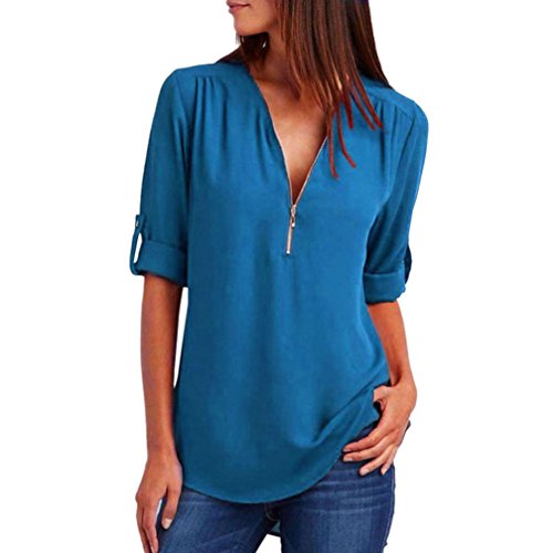 Quartly Women Zipper Shirt Tops Loose Summer T-Shirt Pullover Casual Blouse (M, Light Blue)