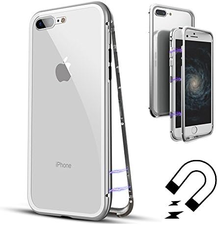 iPhone 7 Plus/8 Plus Case, TUPELO Ultra Slim Lightweight Case [Magnetic Adsorption Technology] [Metal Frame Tempered Glass Back] [Support Wireless Charging] (Silver Frame + Clear Back)