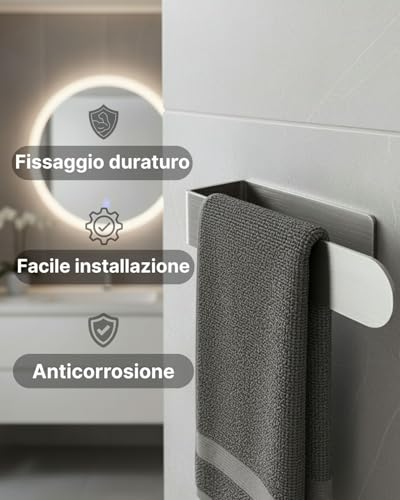 HOLESS - Bathroom Towel Holder - Stainless Steel - Strong 3M Adhesive - No Drilling - Easy to Install - Supports Up to 5 kg - Length 23 cm
