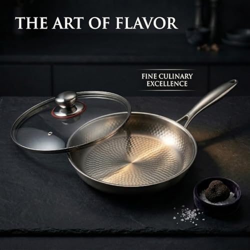 Titanium Hammered Pan Pro with Lid, PFAS/PFOA/PTFE-Free Non stick Titanium Frying Pan, Dishwasher & Oven Safe, Scratch Resistant, 12 Inches Even Heating Titanium skillet, Compatible With All Cooktops