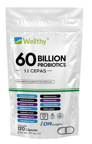 Wellthy Probioticos 60 Billones 11 Cepas. 120 Cápsulas 4 meses de Consumo, Cápsulas Veganas, DRcaps® Acción Prolongada, Bottle Free.
