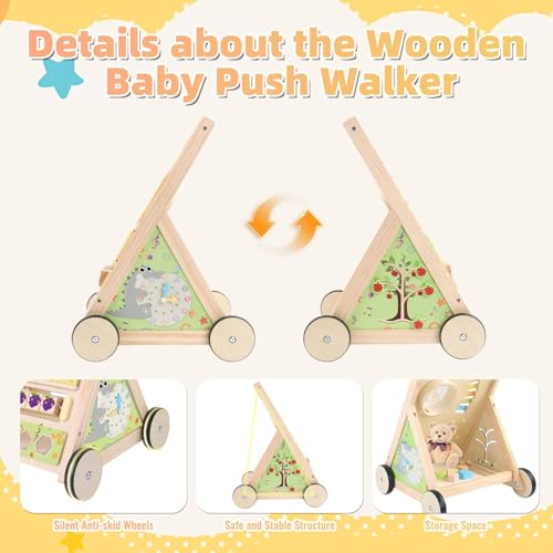 Multifunctional Wooden Baby Walker with Wheels, Montessori Early Educational Activity Center, Sit to Stand Learning Walker Toy with Shape Sorter Xylophone for Toddlers