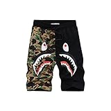 Shark Pattern Camouflage Stitching Shorts Men Drawstring Black Sports Shorts (M)