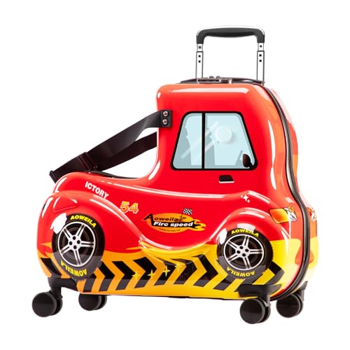 Kids Ride-On Luggage with Wheels Suitcase Fits to Toddler Aged 3-12 Years old （Red Car Checked-Large 25-Inch