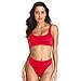 Dixperfect Two Pieces Bikini Sets Swimsuit Sports Style Low Scoop Crop Top High Waisted High Cut Cheeky Bottom (L, Red)