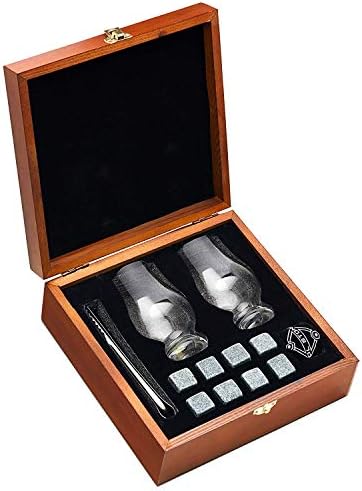 Whiskey Stones and Whiskey Glass Gift Boxed Set - 8 Granite Chilling Whisky Rocks + 2 Crystal Glasses in Wooden Box - Great Gift for Father's Day, Dad's Birthday or Anytime For Dad