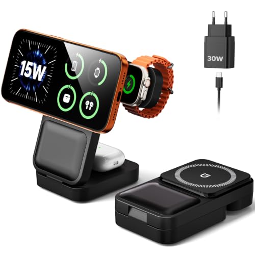 Eddibox 15 W Magsafe Charging Station for Apple Watch and iPhone, Foldable with Quick Charging Function, 3-in-1 Magsafe Charger Travel, Includes 30 W Power Supply