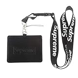 Supreme Black Faux Leather Business ID Badge Card Holder with Keychain Lanyard