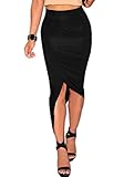 Women Sexy High Waist Asymmetry pleat slit Maxi Skirt (One size, Black)