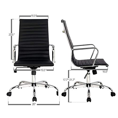 Elecwish Modern Office Executive Swivel Chair, High Back Adjustable, Tall Ribbed, Pu Leather, Wheels Arm Rest Computer, Chrome Base, Home Furniture, Conference Room Reception (Black) Set of 2 - Thumbnail 6