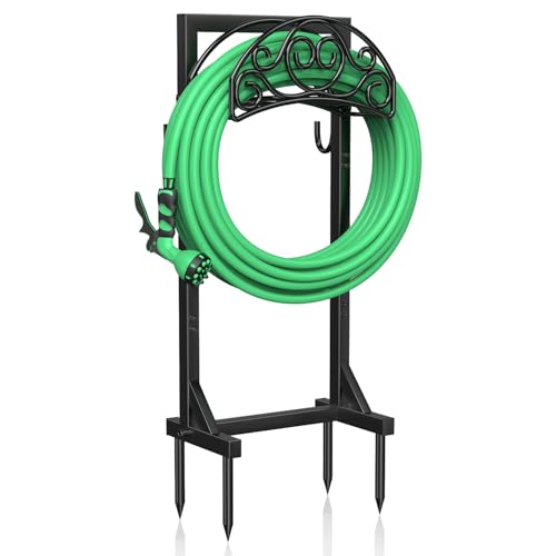 iRhodesy Garden Hose Holder, 109.5 cm Garden Hose Holder 45 m with 2 Tool Hooks and 4 Anchor Tips, Removable and Freestanding Garden Lawn Stand