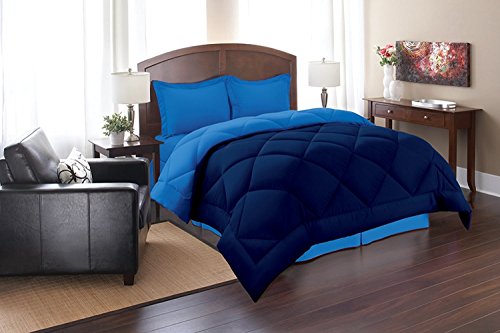 Super Soft Goose Down 3pc REVERSIBLE Alternative Comforter - All Sizes and Many Colors Available , QUEEN , NAVY/AQUA