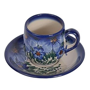 Traditional Polish Pottery, Handcrafted Ceramic Espresso Cup and Saucer 100ml, Boleslawiec Style Pattern, F.301.CREDO