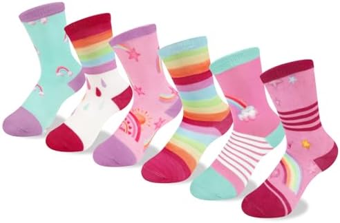 Schulkind Socken Mädchen Kinder Regenbögen Sterne Wolken Lustige Bunte Muster Neuheit Crew Socken 6 Paar Geschenke 5-8 Jahre Größe 28-31 Atmungsaktiv Weich