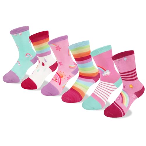 6 Pares Calcetines Niñas Infantiles Rayas de Arcoíris Estrellas Nubes Calcetines Crew Suave Cómodo Regalos 9-14 años Tamaño 32-38