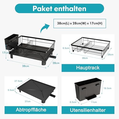Abtropfgestell Geschirr aus Edelstahl mit Abtropfschale, Schwarz