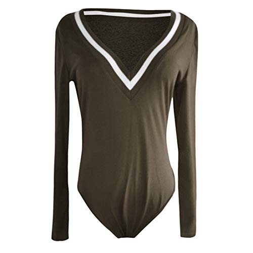 Womens Long Sleeve Threaded Striped Bodysuit Ladies Deep V Neck Stretch Leotard Body Tops Jumpsuit (-Army Green, L)