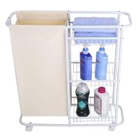 Mythinglogic Laundry Sorter Hamper Rolling Laundry Storage Cart Heavy-Duty Laundry Hamper with 3-Tiered Shelving Baskets Detachable Laundry Bag Space Saving Organizer White