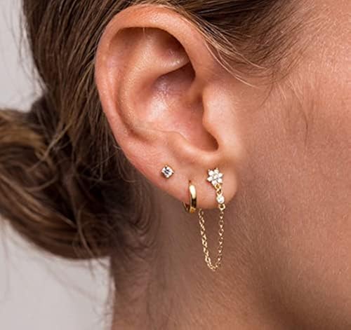 Cubic Zirconia Stud Earrings Collection ASCOMY 14K Gold Plated Hoop Earrings Set - 3 Pairs CZ Huggie Hoops For Women 14K Gold Plated Huggie Earrings Set