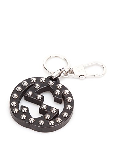 Gucci Interlocking GG Studded Black Leather Key Ring Charm 389053 1000