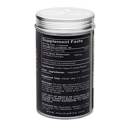Lion's Mane Mushroom, 60 Capsules 500mg Each, Nerve Growth Factor (NGF) & Nootropic (Focus