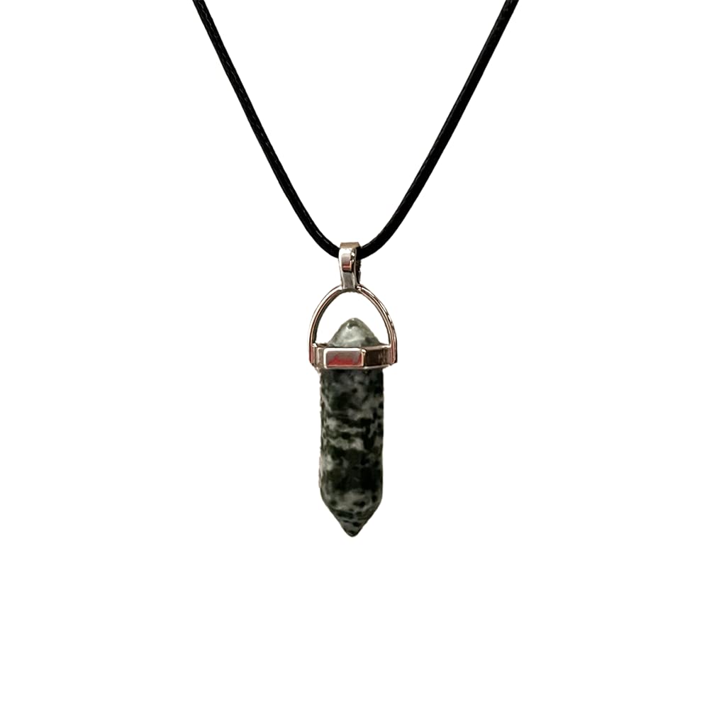 VIE Double Point Pencil Pendant, Black String (Moss Agate)