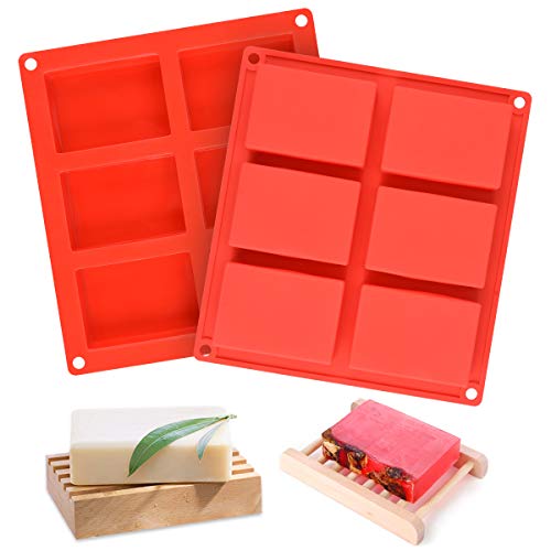 SJ Rectangle Silicone Soap Molds, 2 Pcs 6-Cavity Silicone Molds Square Loaf Muffin Baking Pans, Chocolate Cheesecake Making Trays, Ice Cube Trays, Nonstick & BPA Free (Red)
