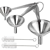 Stainless Steel Funnel, YGDZ 3pcs Mini Funnels for Kitchen, Small Kitchen Funnel with Handy Handle for Transferring Essential Oils, Liquid, Dry Ingredients & Powder, 2pcs Cleaning Brushes