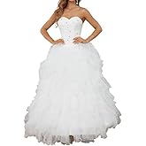 Likedpage Women's Elegant Strapless Wedding Dress, Lace, Sweetheart Neckline, Beaded Bodice, Ruffled Tulle Ball Gown