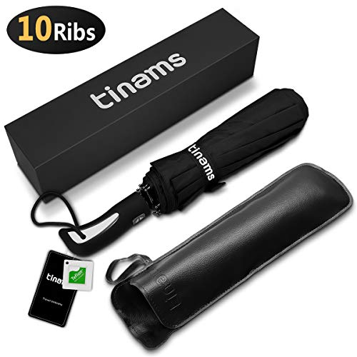 tinams Windproof Umbrella, Black Automatic Folding 10 Ribs Travel Umbrella with Teflon Coating,Free Leather Cover (Black)