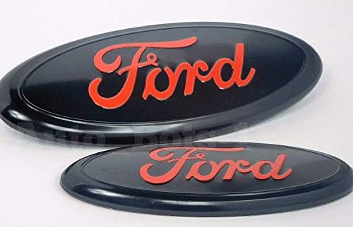 JDM WORLD 2 Ford F-150 2004-2014 Black with RED Logo Oval Front Grille 9'' Tailgate 7'' Logo Emblem