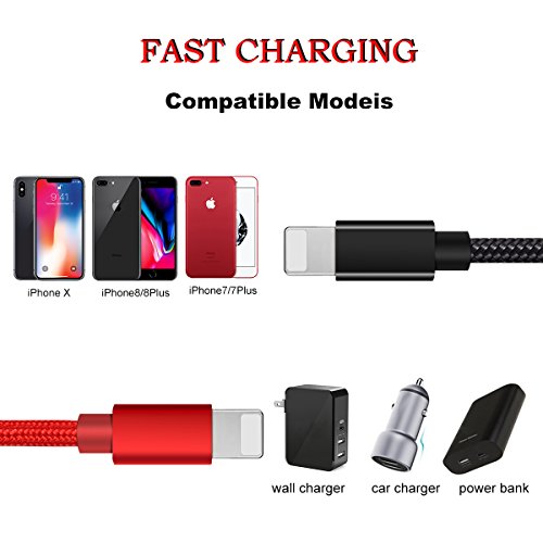 Charger for iPhone, Lightning Cable 2PACK 5FT 6FT, Lightning to USB Cable for iPhone Long Durable Nylon Braided Charging Cord for iPhone X 8 8 Plus 7 7 Plus 6 6 Plus iPad Mini Air Pro, iPod Black Red - Thumbnail 2
