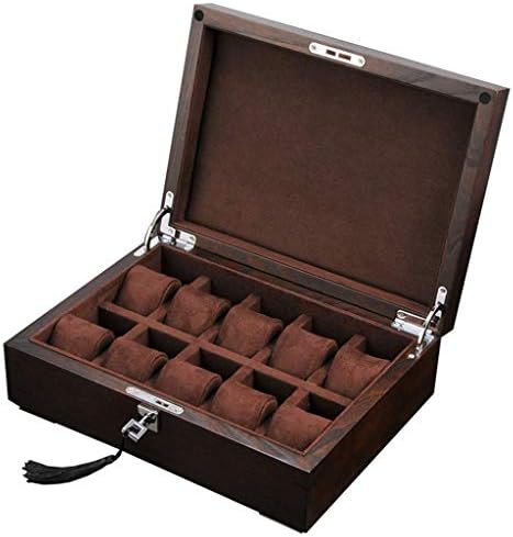 Elm Wood Watch Boxes for Men/Women 10 Grids Jewelry Storage Case with Glass Lid Lockable Metal Lock Bracelet Tray Collection Display Organiser