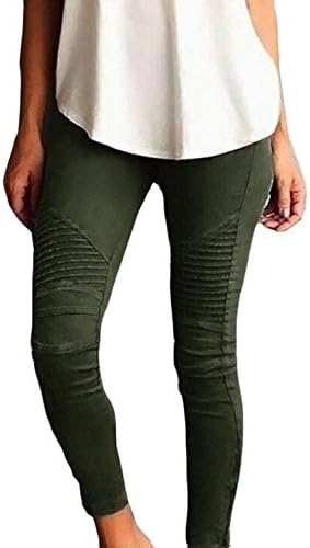 LAMISSCHI Womens Skinny Stretch Pleated Ankle Zipper Pencil Moto Pants Jeggings(Army Green(Thin Material),M)