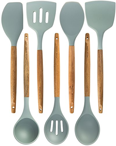 Silicone Cooking Utensils Kitchen Utensil set - 7 Natural Acacia Wooden Silicone Kitchen Utensils Set - Silicone Utensil Set Spatula Set - Silicone Utensils Cooking Utensil Set - Kitchen Tools Gadgets
