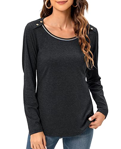 HUSKARY Black T Shirts for Women Long Sleeve Round Neck Button Decor Causal Blouse